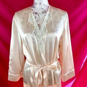 Vintage Satin Lace Pearl Sequin Robe Long Champagne Coquette Soft Girl Glam L‎